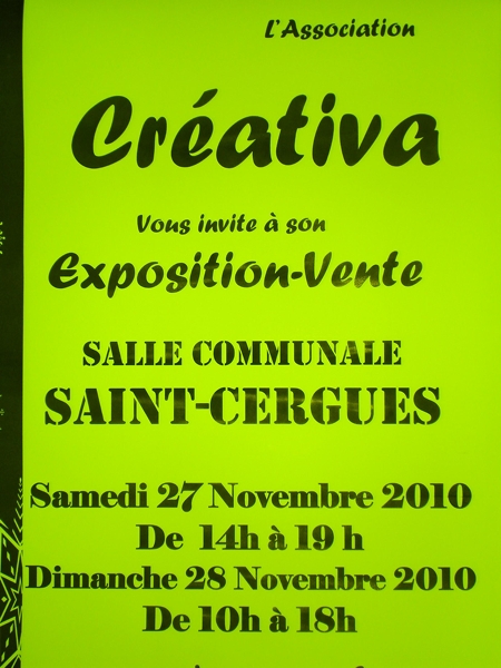 Affiche de l'exposition-vente organise par Crativa  la salle communale de Saint-Cergues le samedi 27 novembre et le dimanche 28 novembre 2010