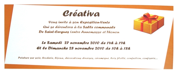 Invitation Crativa, march artisanal  la salle communale de Saint-Cergues le samedi 27 novembre et le dimanche 28 novembre 2010