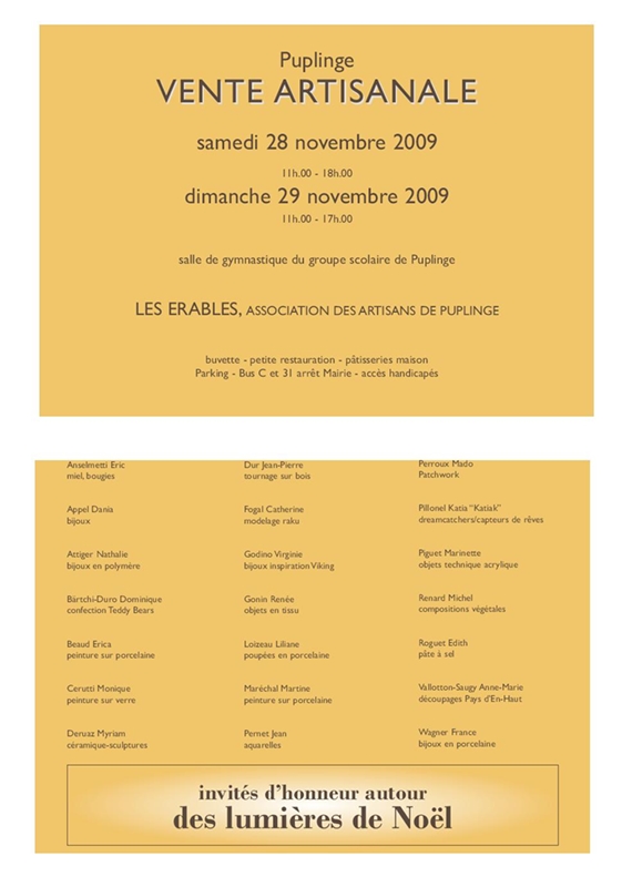 Vente artisanale à Puplinge (GE) le 28 et 29 novembre 2009