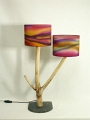 5 - Lampe 2 branches en bois flotté sur socle en ardoise avec abat-jour modèle unique diamètre 20cm